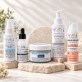 Pack Routine Visage Éclat & Protection SPF50 YMA Cosmetics avec Gel Nettoyant Doux, Sérum Hyalochevre, Masque-Gommage Nila, Crème de Jour et Écran Solaire SPF50.