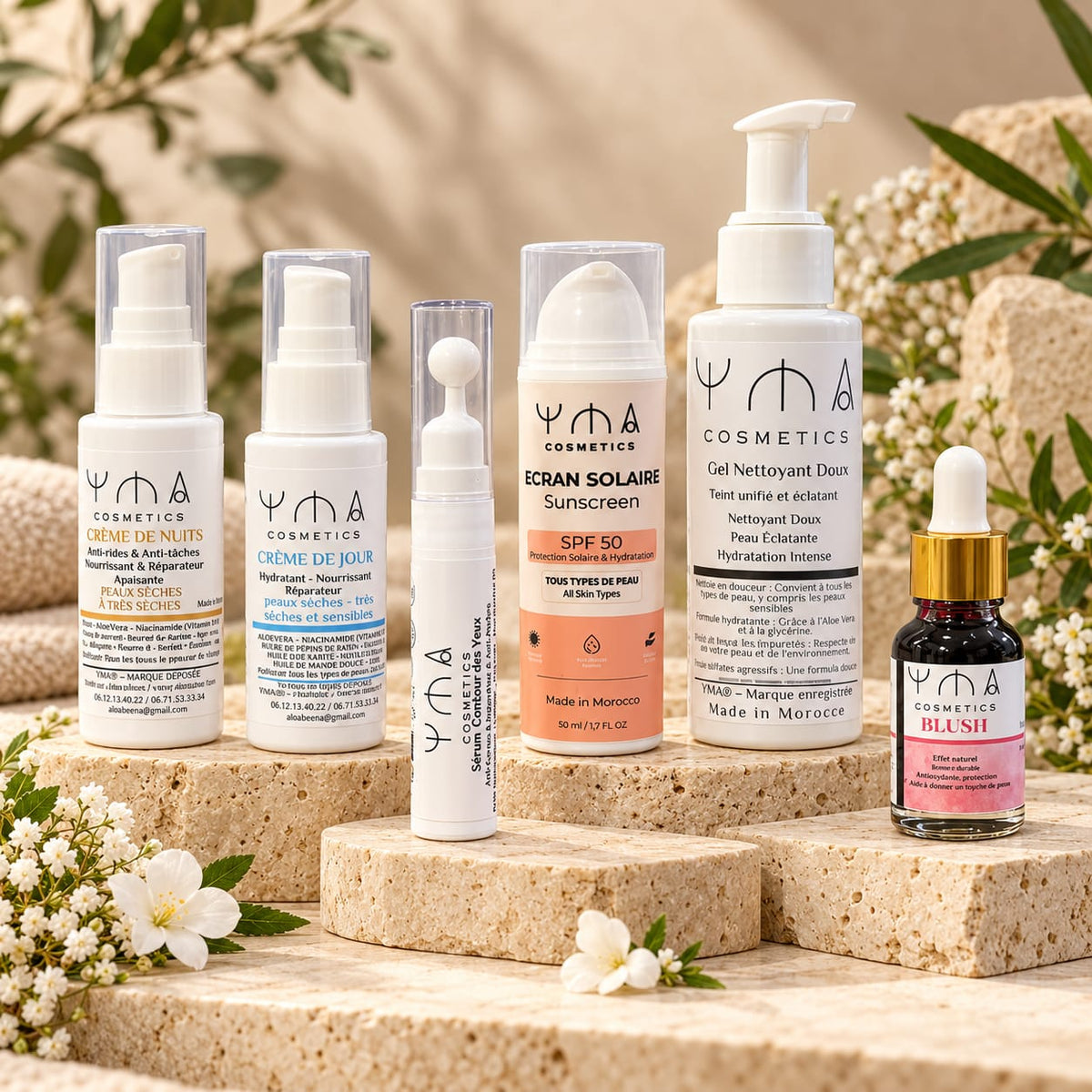 Pack Routine Visage Complète & Éclat YMA Cosmetics avec Gel Nettoyant Doux, Crème de Jour, Crème de Nuit, Sérum Contour des Yeux 6-en-1, Écran Solaire SPF50 et Blush Liquide.