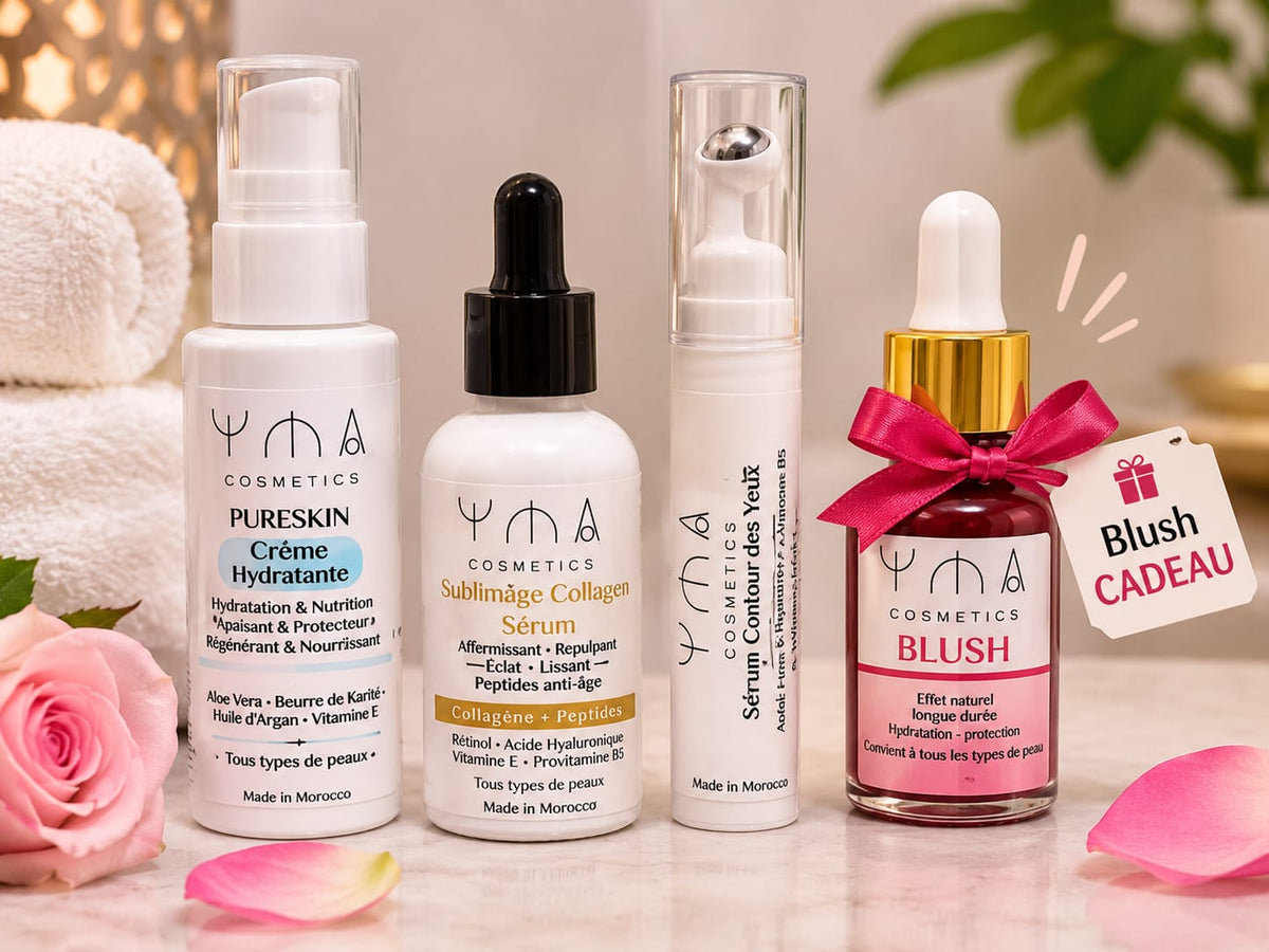 YMA Cosmetics - Pack Rituel Éclat & Jeunesse, crème PureSkin, sérum Sublimage, sérum contour des yeux et blush offert