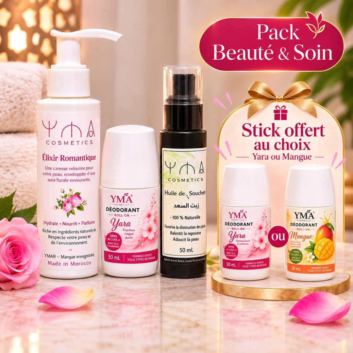 Pack YMA Beauté & Soin, Élixir Romantique, déodorant Yara, huile de souchet, cadeau Yara ou Mangue