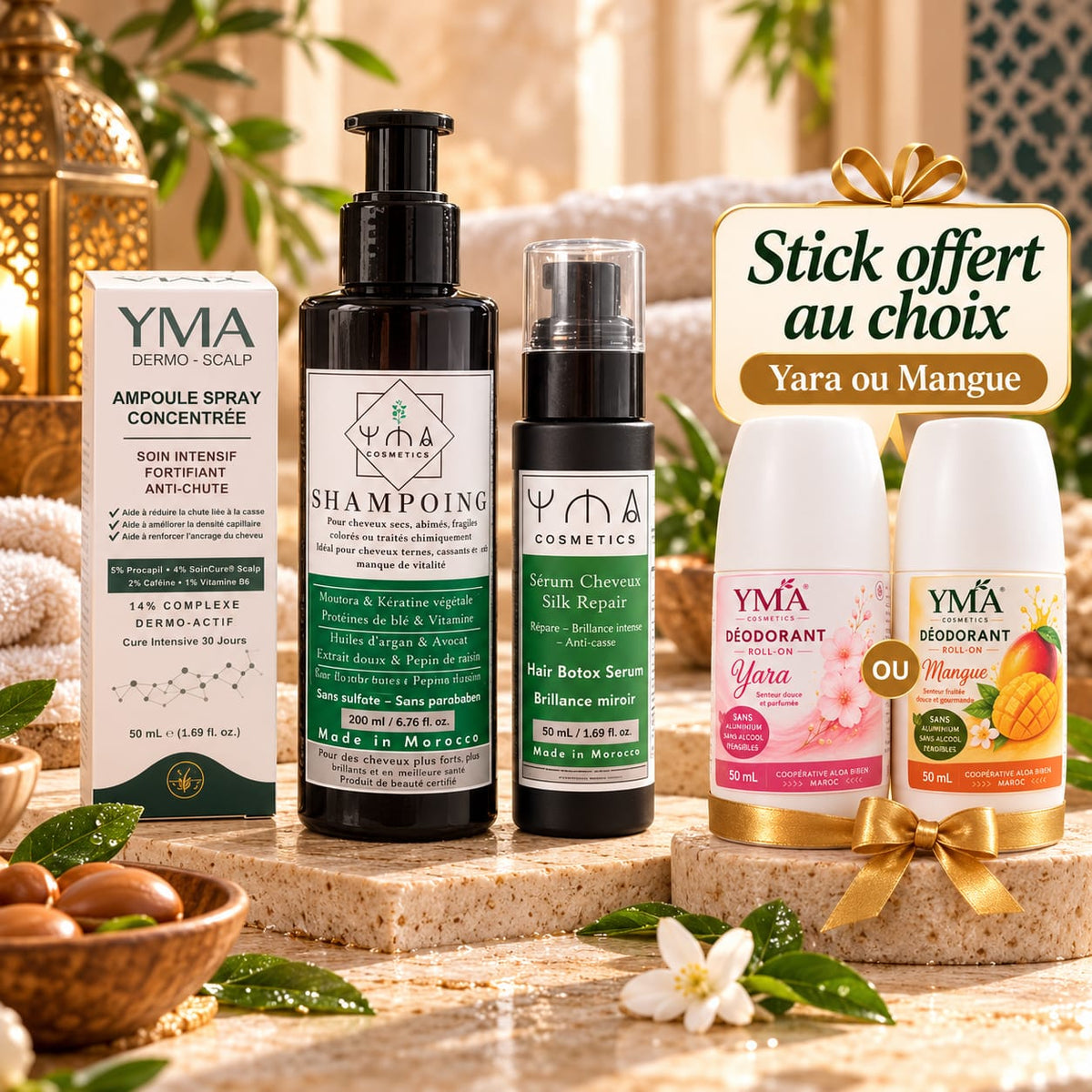 Pack YMA Dermo-Scalp Shampoing Réparateur Sérum Silk Repair et déodorant Yara ou Mangue offert
