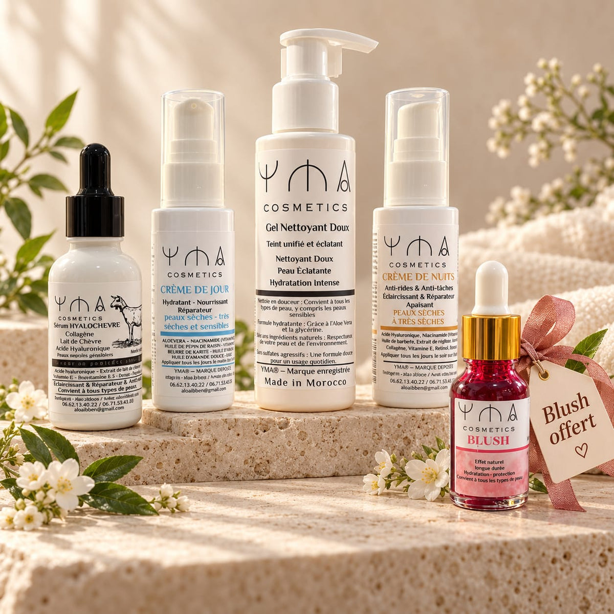 YMA Cosmetics Pack Rituel Visage Hydratation & Éclat avec Sérum HyaloChèvre, Crème de Jour, Gel Nettoyant Doux, Crème de Nuit, Blush offert